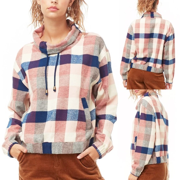 Forever 21 Tops - Plaid Cotton Flannel Cowl Neck Boxy Pullover Top